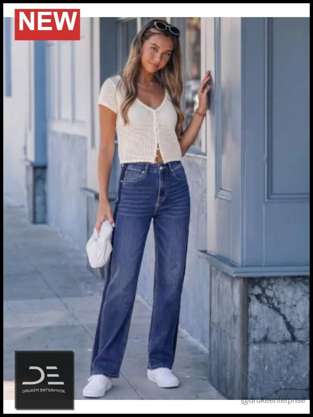High Waisted Straight Leg Jeans with Tuxedo Stripe